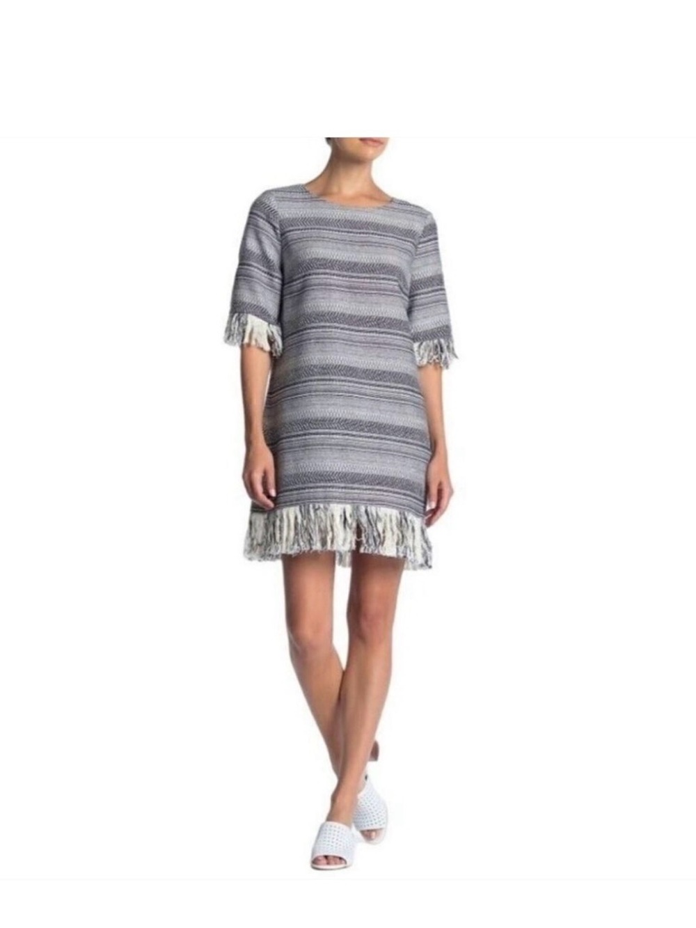 1.STATE Navy/Cream Tweed Fringe Hem Dress